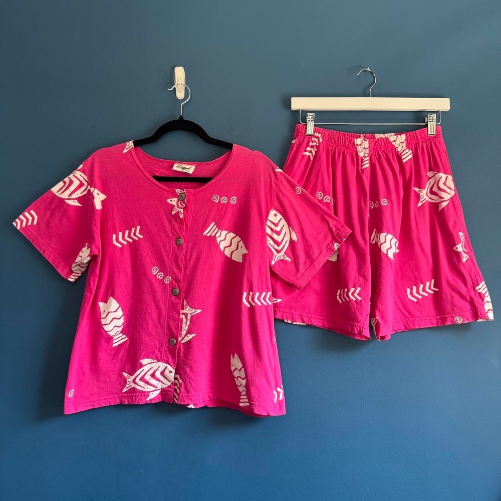 Vintage 90s Fish Print Set Women's Size Medium Pink White Easy Apparel Matching